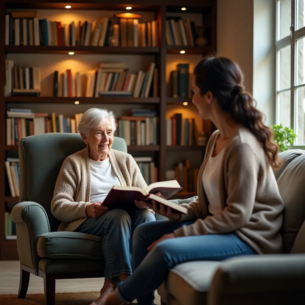 Rodzina konsultująca się z opiekunami o potrzebach seniora